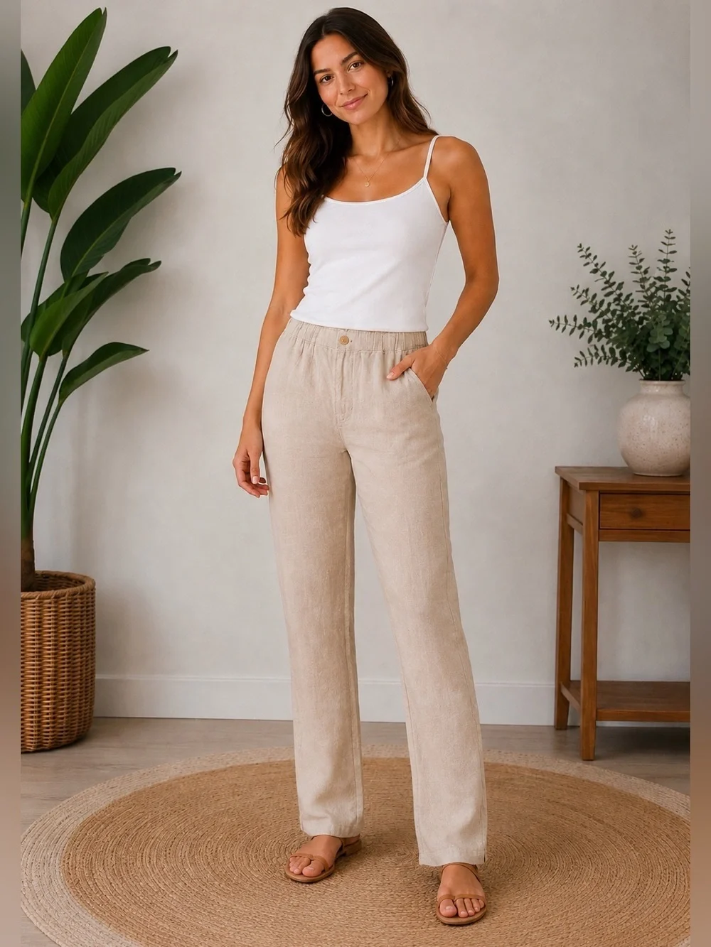 Quince Tan Elastic-Waist 100% Flax Chinos